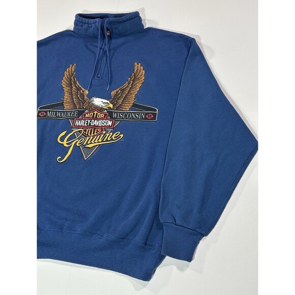 Vintage Harley Davidson 90s Quarter Zip Crewneck Blue Large Sweatshirt Milwaukee - Picture 2 of 15